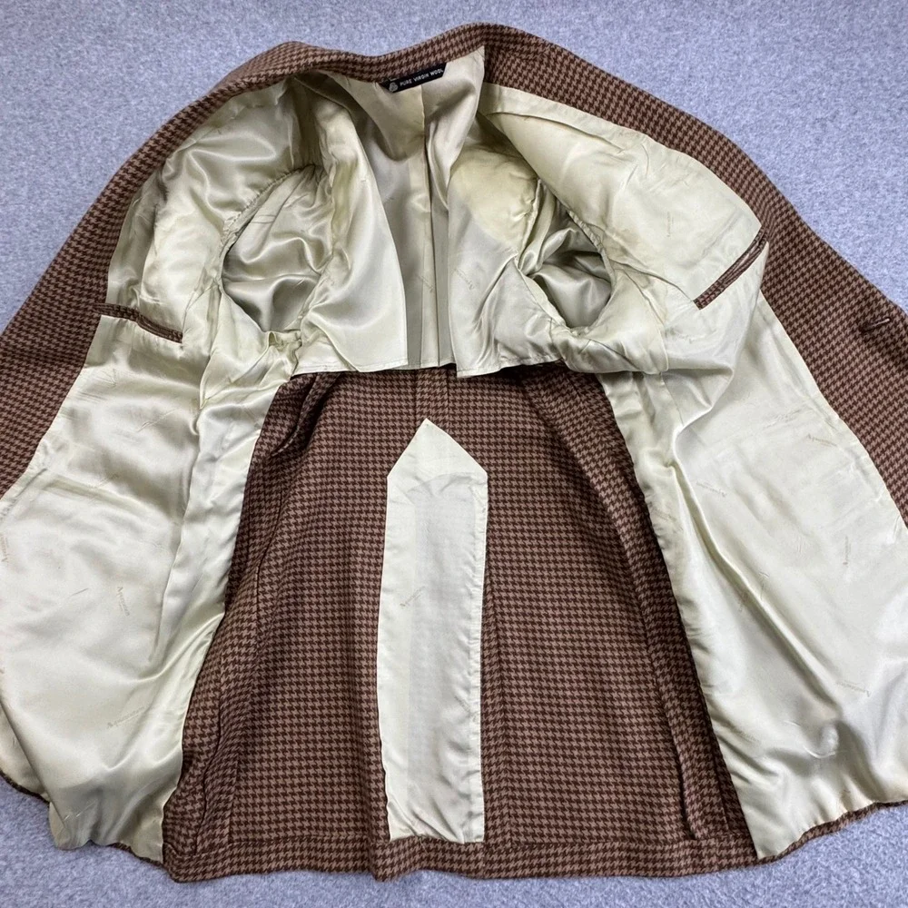 Aquascutum London Vintage Pure Virgin Wool Houndstooth Blazer Brown Mens 44
